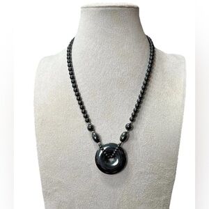 Vintage Necklace Beaded Hematite Gemstones Circle Pendant Gunmetal 18" Punk Goth